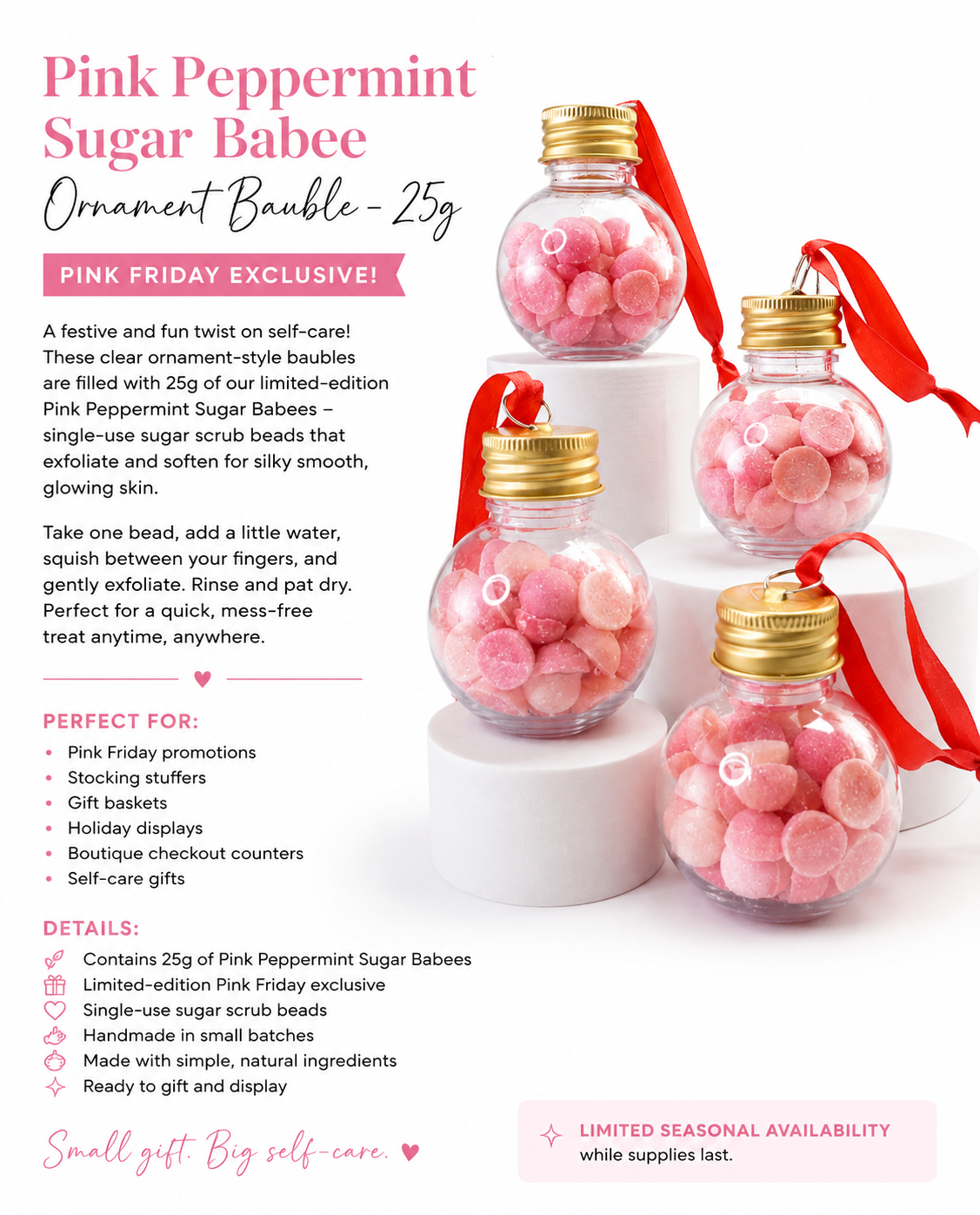 Pink Peppermint Sugar Babee Ornament Bauble | Scrub Bead Gift